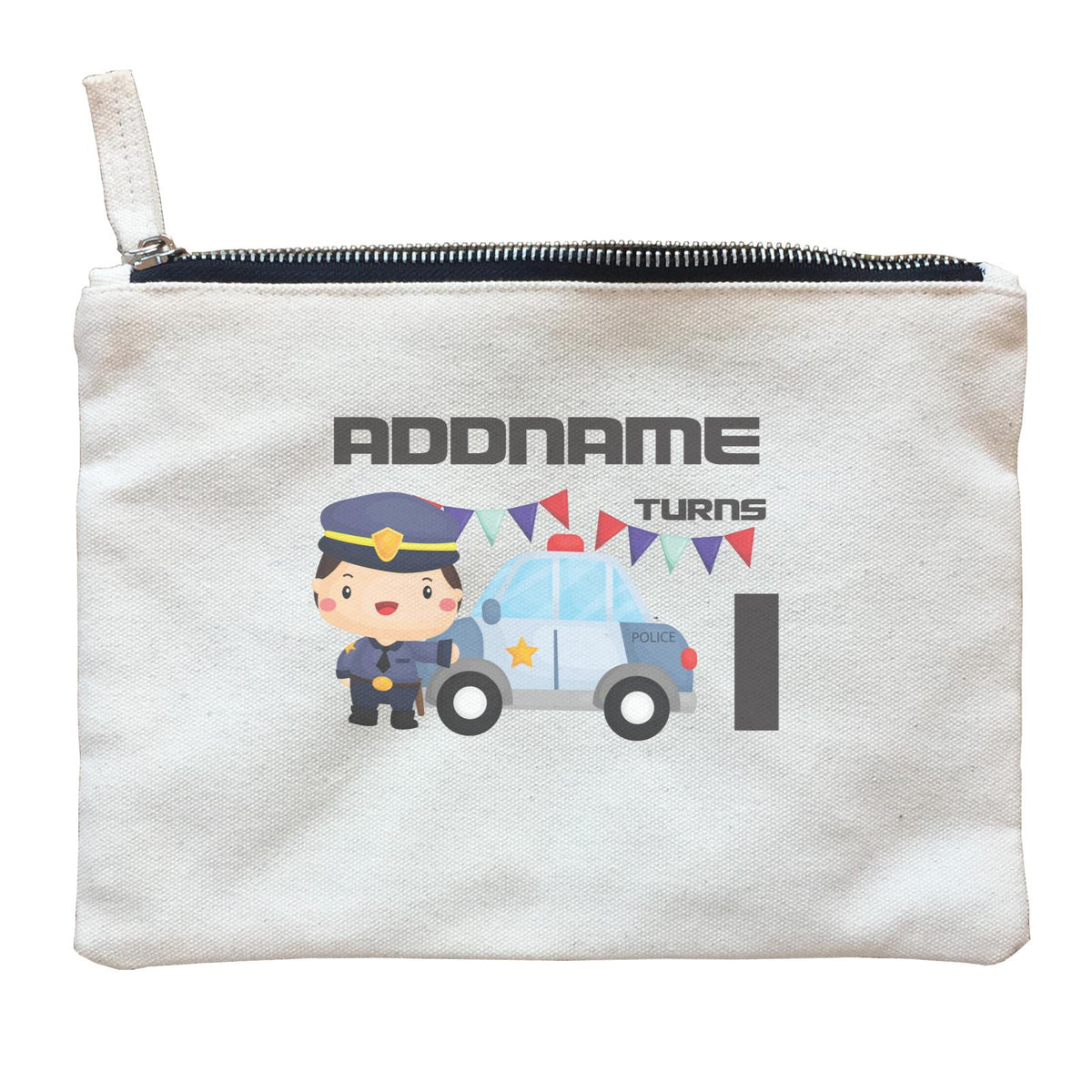 Birthday Police Officer Boy In Suit With Police Car Addname Turns 1 Zipper Pouch