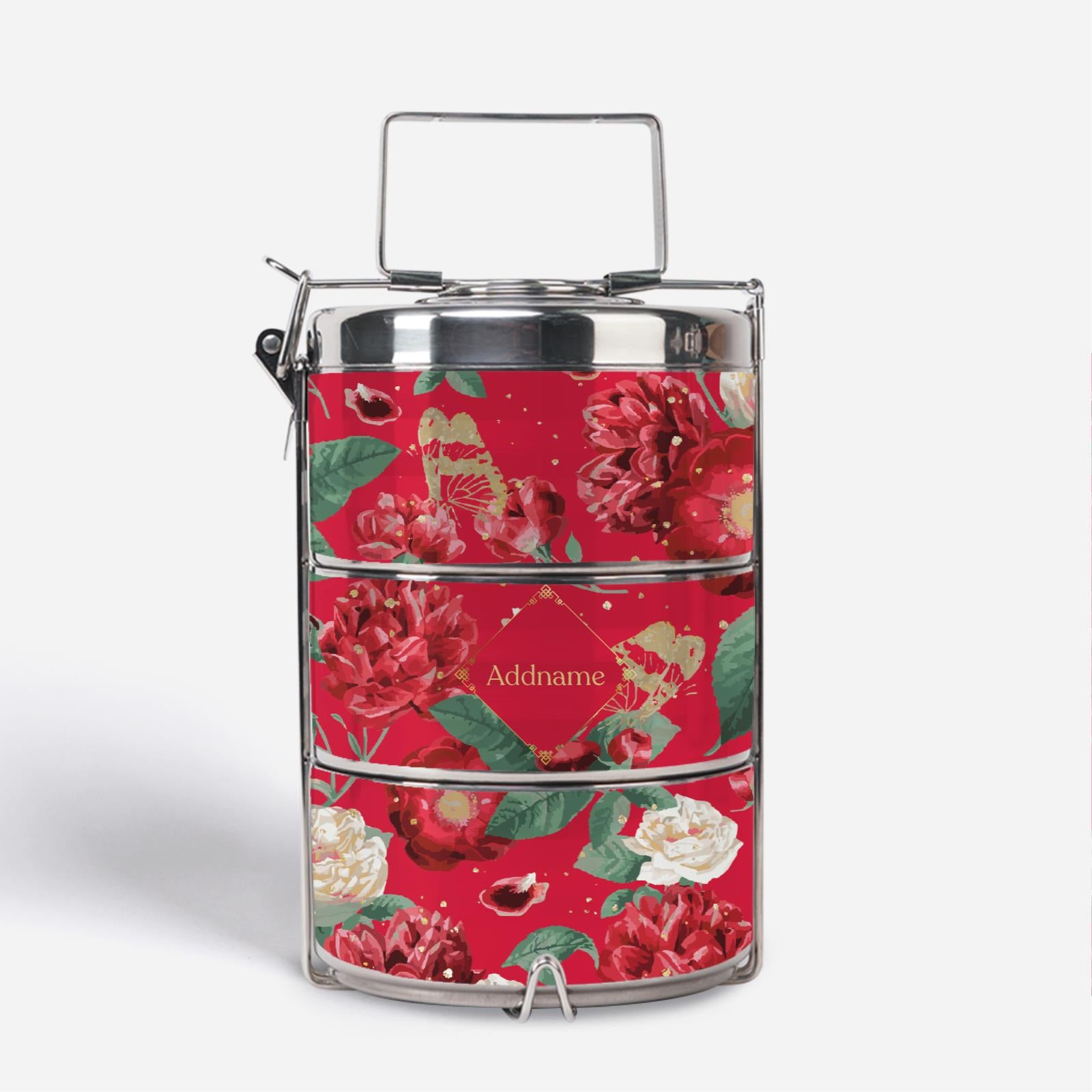 Royal Floral Series With English Personalization Premium Tiffin Carrier - Scorching Passion