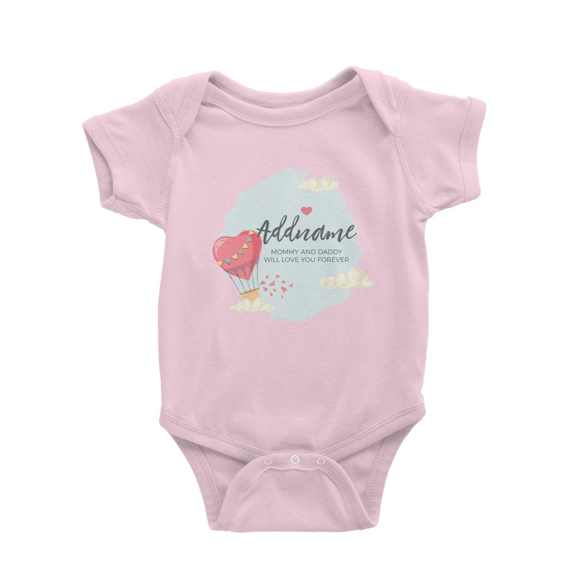 Heart Shaped Hot Air Balloon with Hearts and Clouds Personalizable with Name and Text Baby Romper