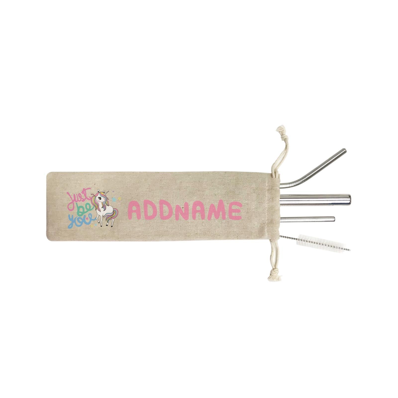 Children's Day Gift Series Just Be You Cute Unicorn Addname SB 4-in-1 Stainless Steel Straw Set In a Satchel