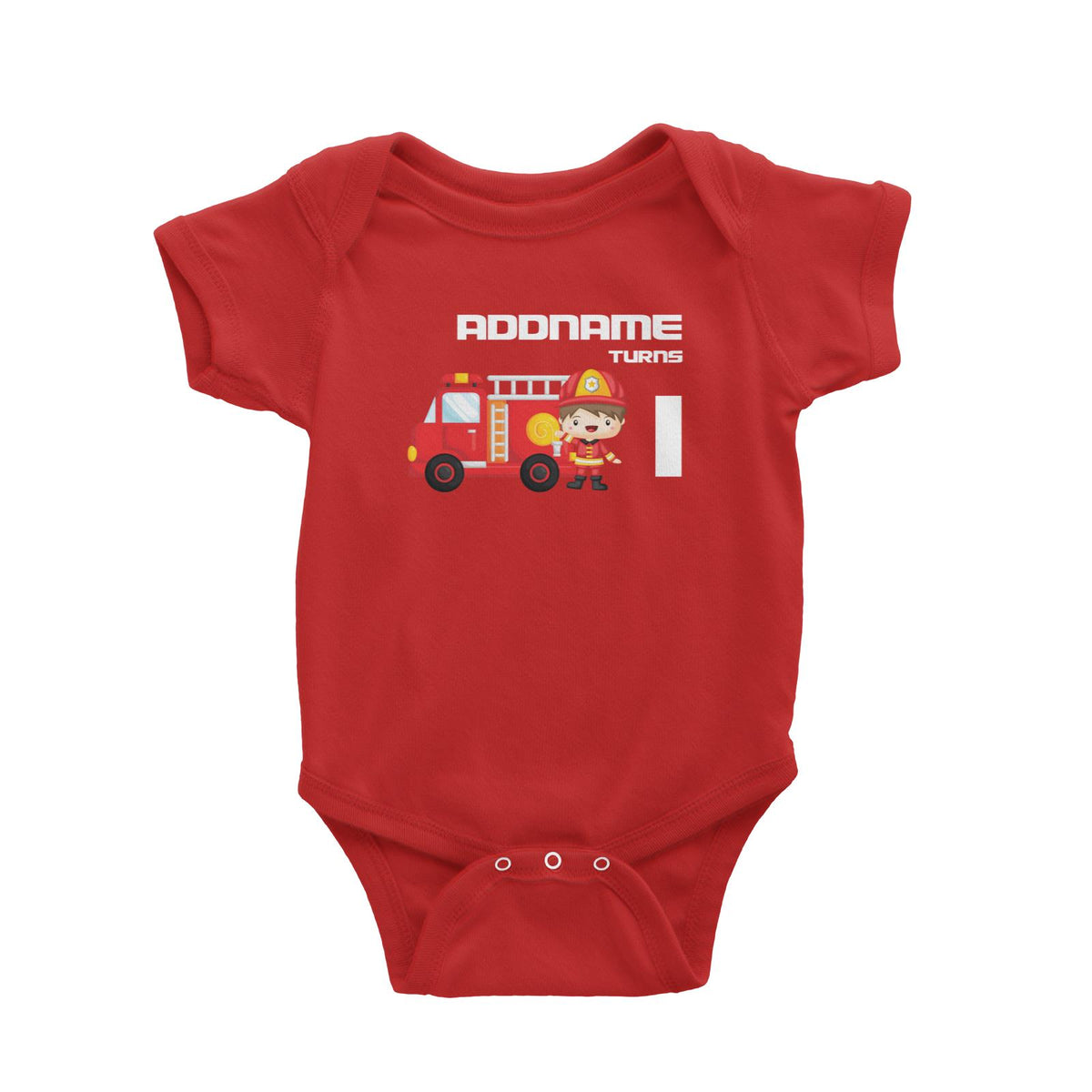 Birthday Firefighter Boy With Firetruck Addname Turns 1 Baby Romper