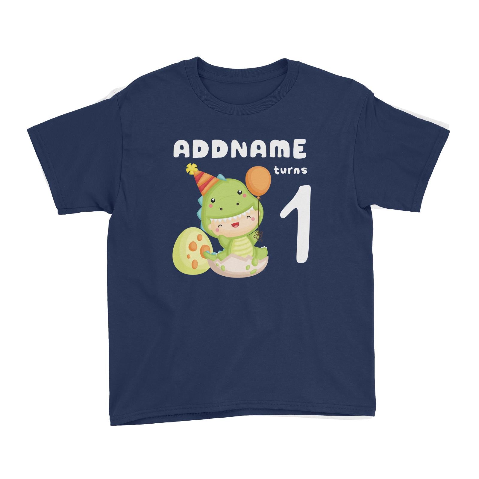 Birthday Dinosaur Happy Baby Wearing Dinosaur Suit Addname Turns 1 Kid's T-Shirt