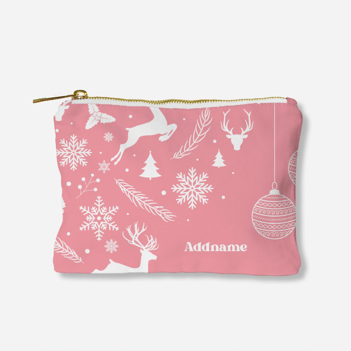 Christmas Series Full Print Zipper Pouch - Jubilant Reindeers Light Pink