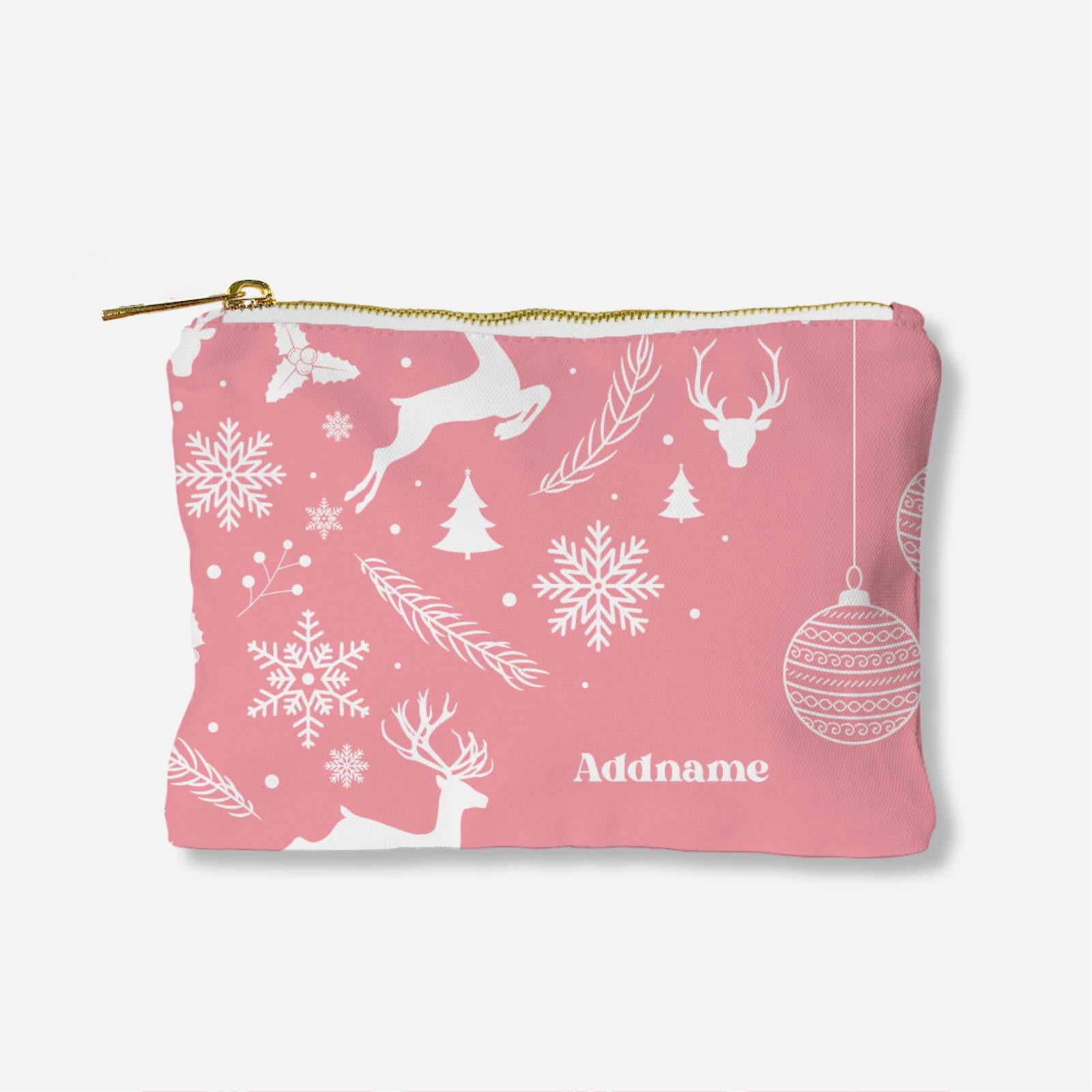 Christmas Series Full Print Zipper Pouch - Jubilant Reindeers Light Pink
