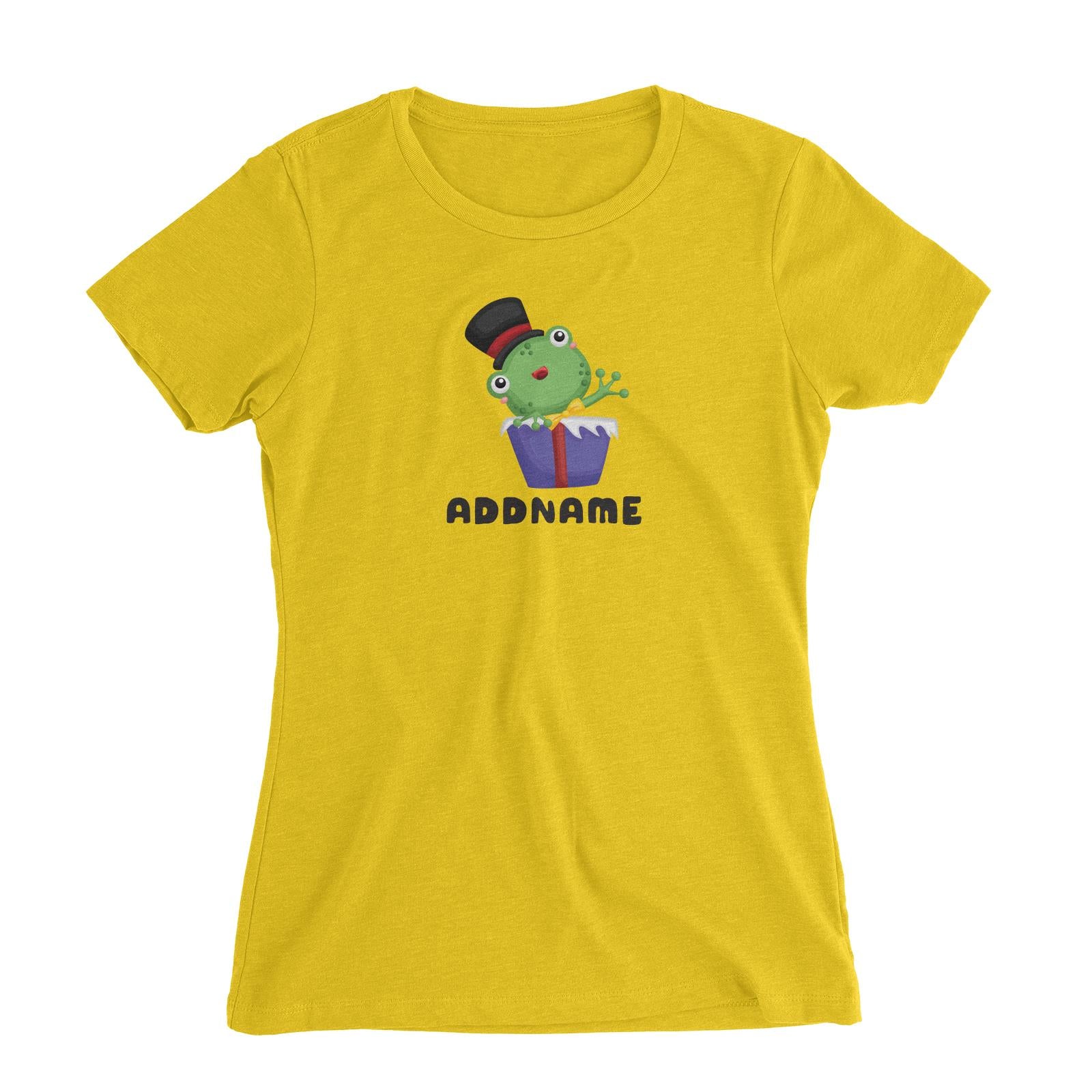 Birthday Frog Frog Wearing Hat Inside Present Box Addname Women's Slim Fit T-Shirt