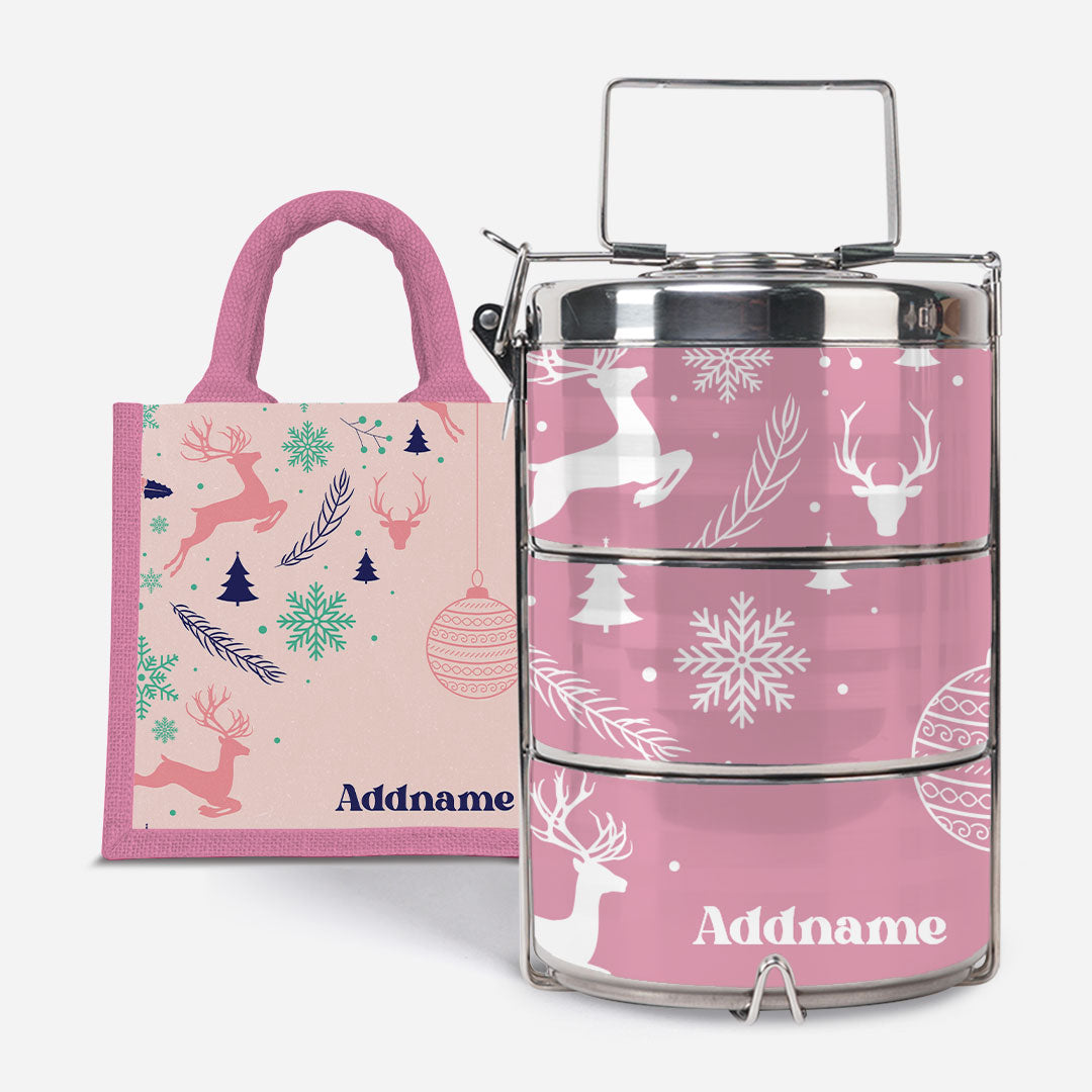 Christmas Series Premium Tiffin with Half Lining Lunch Bag Jubilant Reindeers Light Pink
