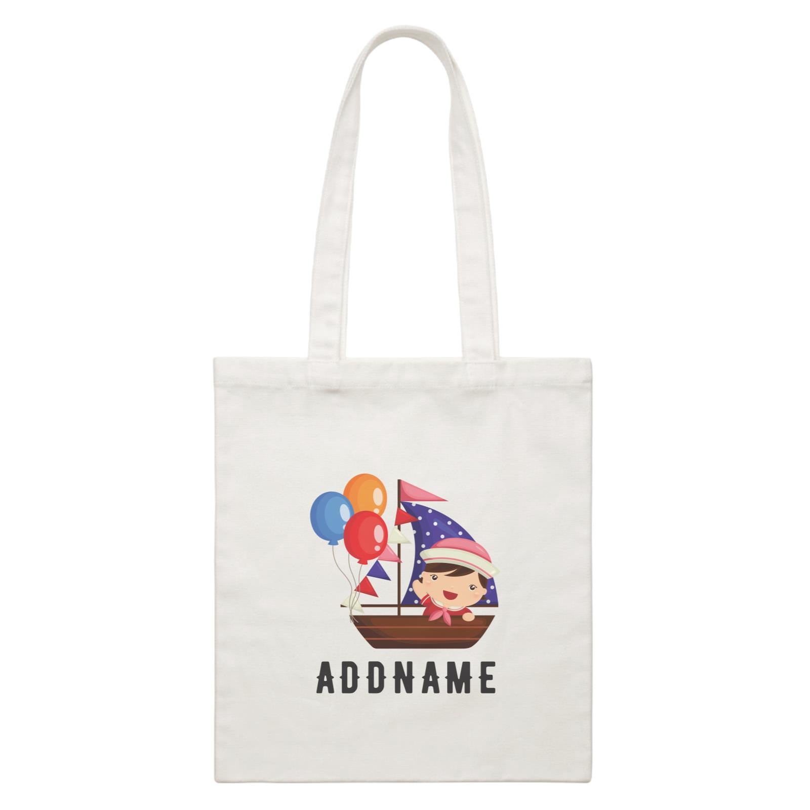 Birthday Sailor Baby Girl In Ship With Balloon Addname White Canvas Bag