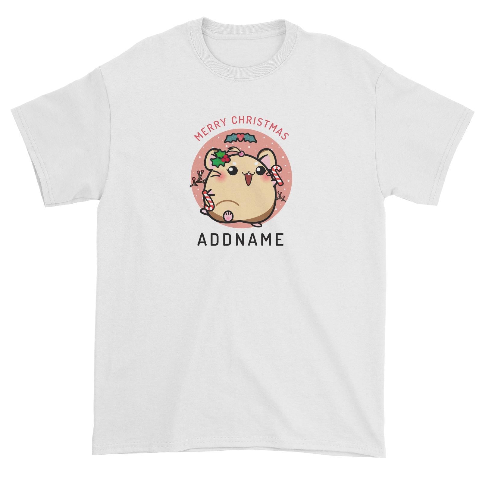 Merry Christmas Cute Santa Mistletoe Girl Hamster with Candy Cane Unisex T-Shirt
