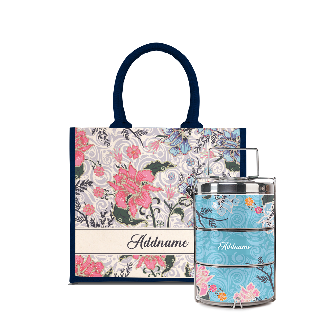 Modern Mahsuri Series - Legend Blue Half Lining Jute Bag with Tiffin Carrier