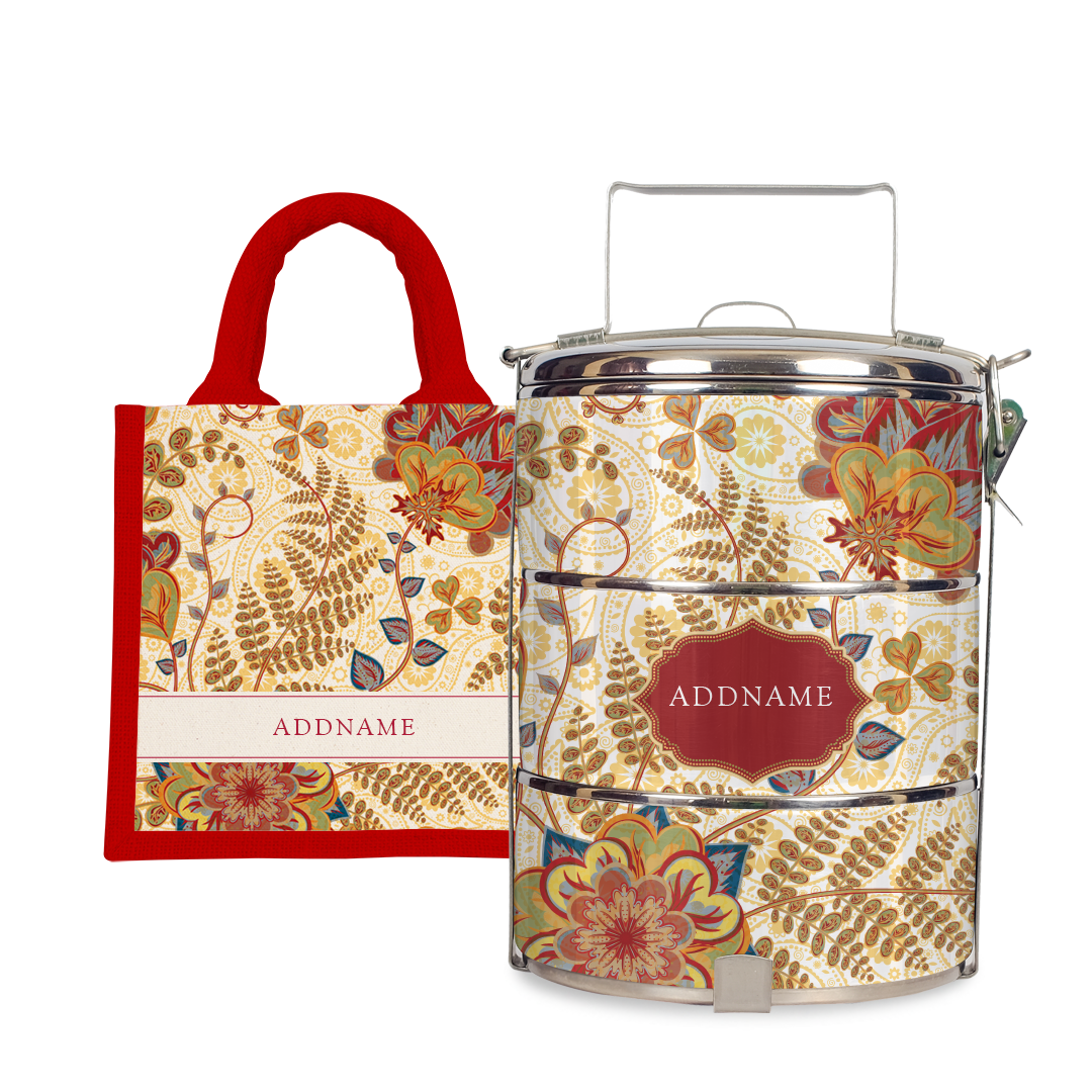 Batik Mawar - Lunch Tote Bag with Three-Tier Tiffin Carrier