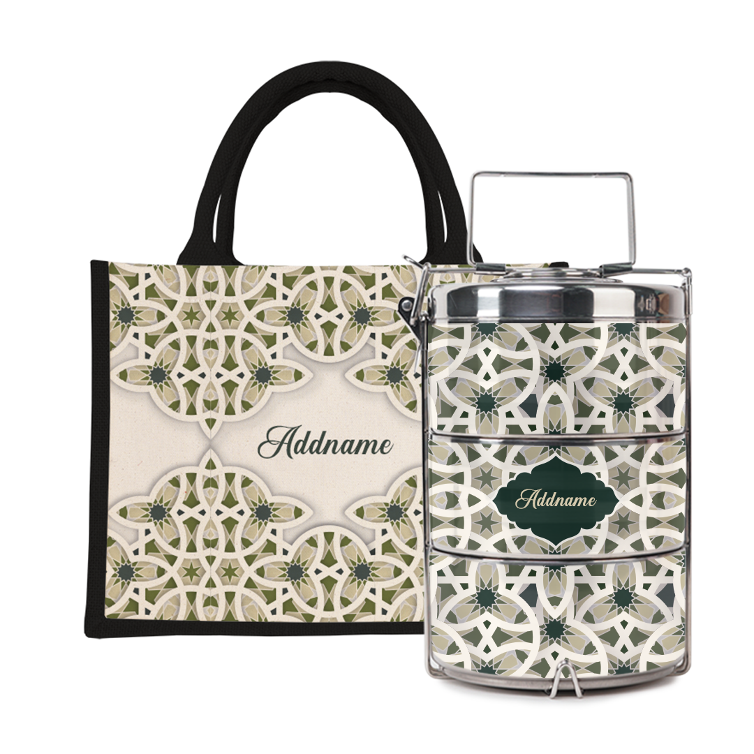 Ratu Series - Green Tiffin Carrier with Half Lining Small Jute Bag