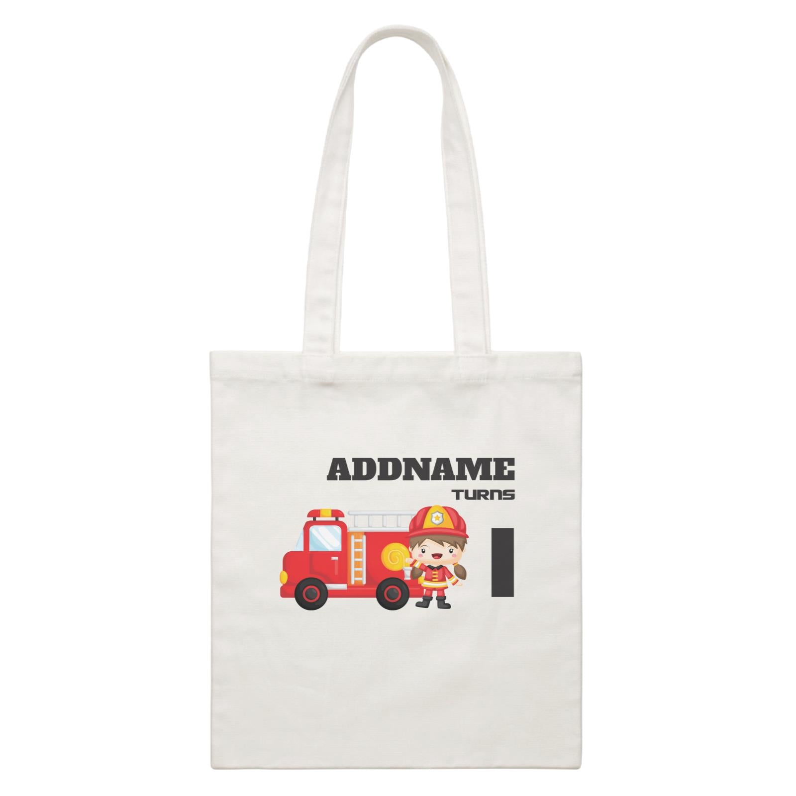 Birthday Firefighter Girl With Firetruck Addname Turns 1 White Canvas Bag