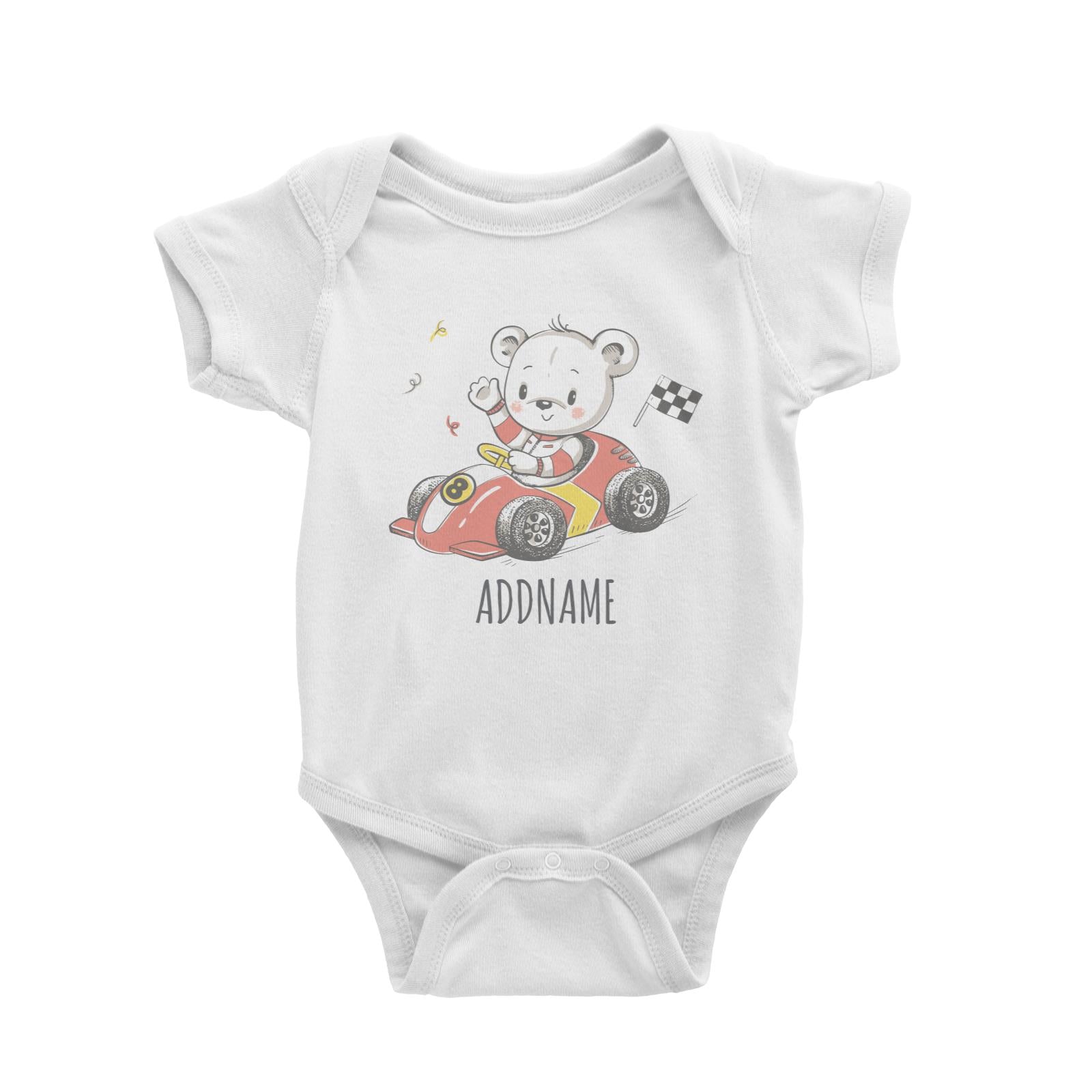 Bear on Go Kart White Baby Romper Personalizable Designs Cute Sweet Animal For Boys HG