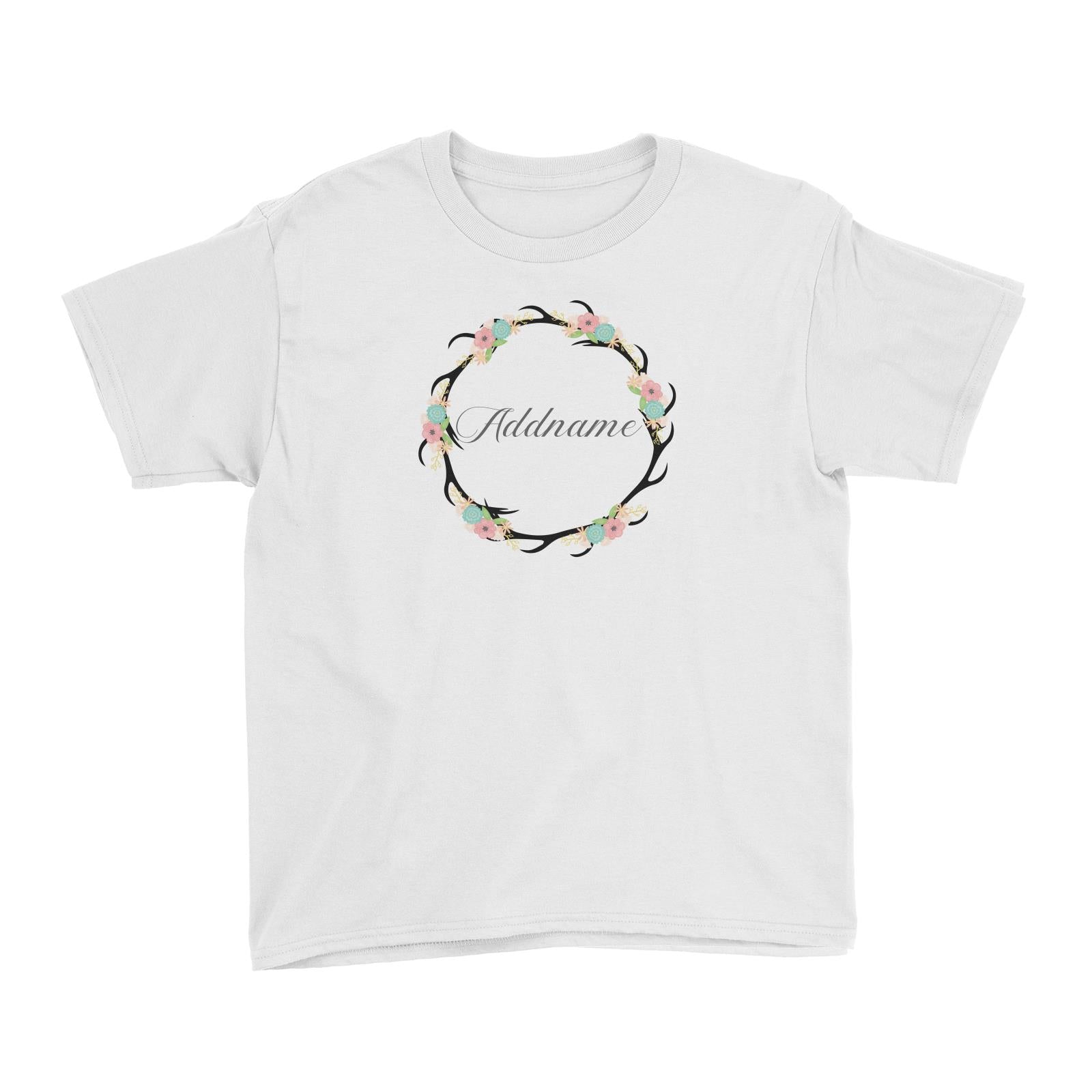 Basic Family Series Pastel Deer Flower And Antlers Wreath Addname Kid's T-Shirt