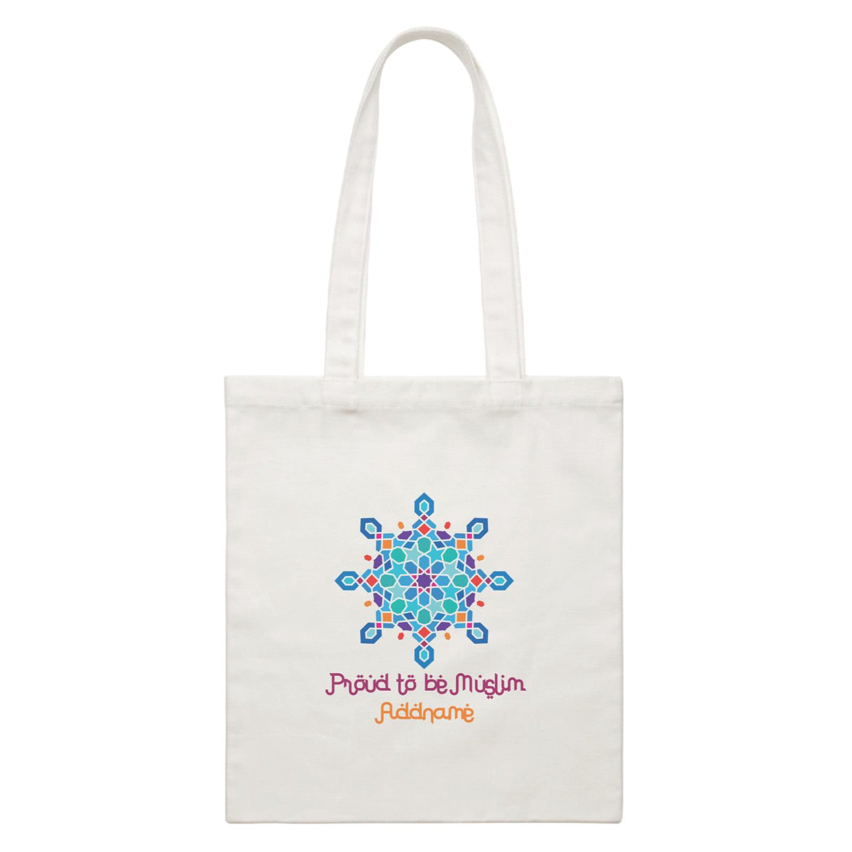 Proud To Be Muslim Blue Motifs Addname White White Canvas Bag