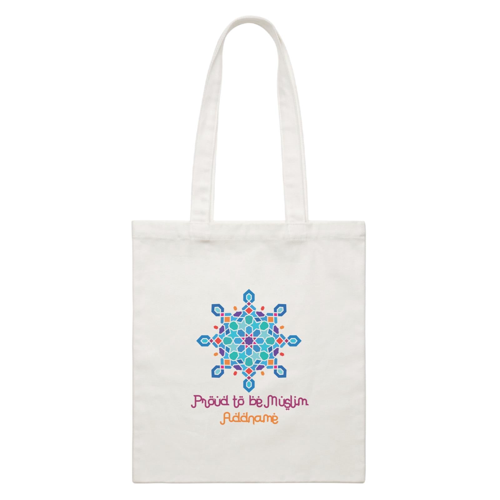 Proud To Be Muslim Blue Motifs Addname White White Canvas Bag