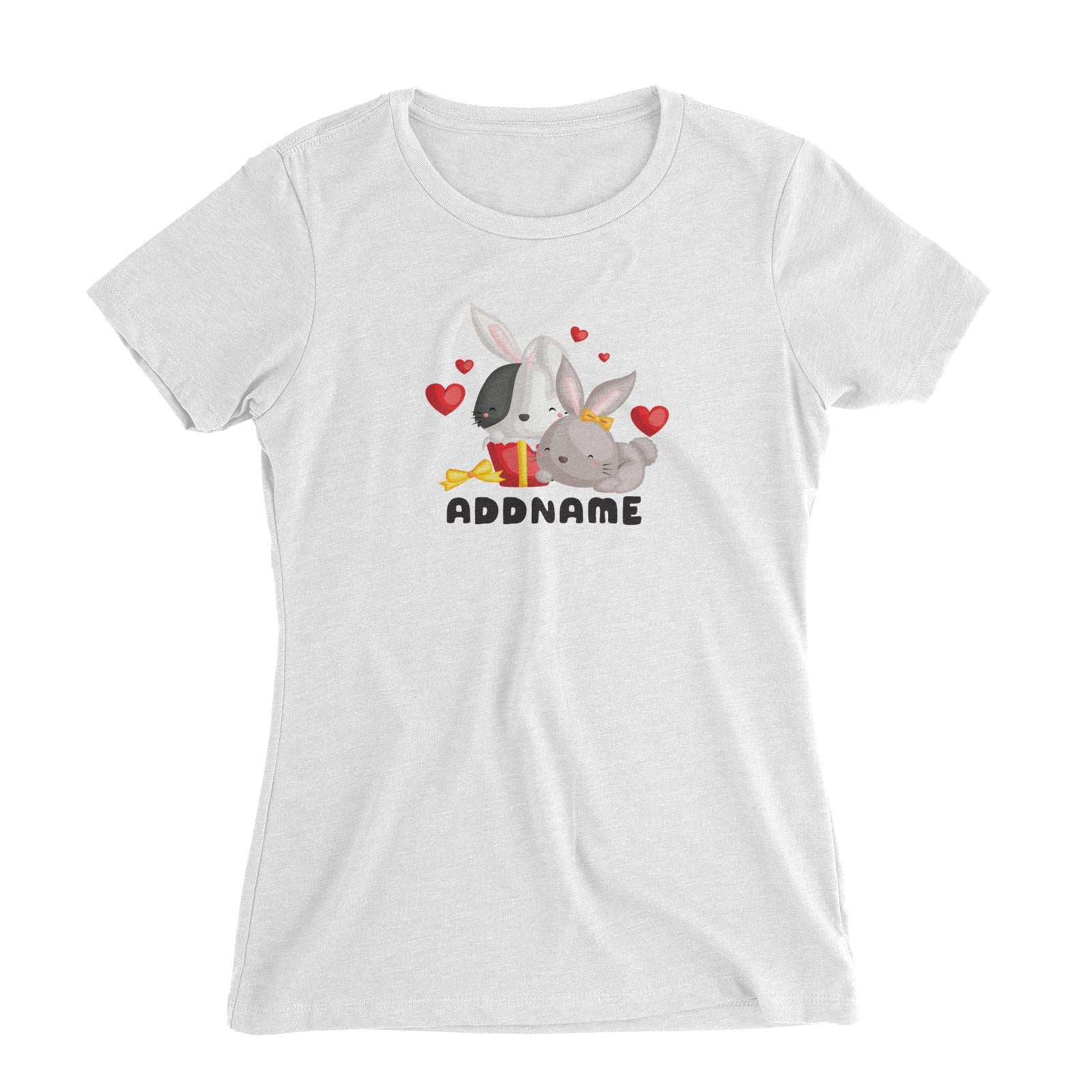 Birthday Friendly Animals Happy Two Rabbits Open Present Addname Women's Slim Fit T-Shirt