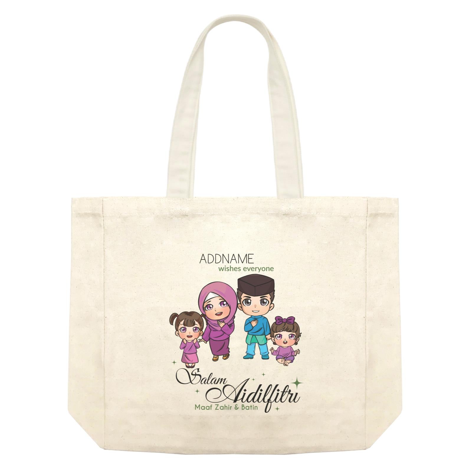 Raya Chibi Family Girl And Baby Girl Addname Wishes Everyone Salam Aidilfitri Maaf Zahir & Batin Shopping Bag