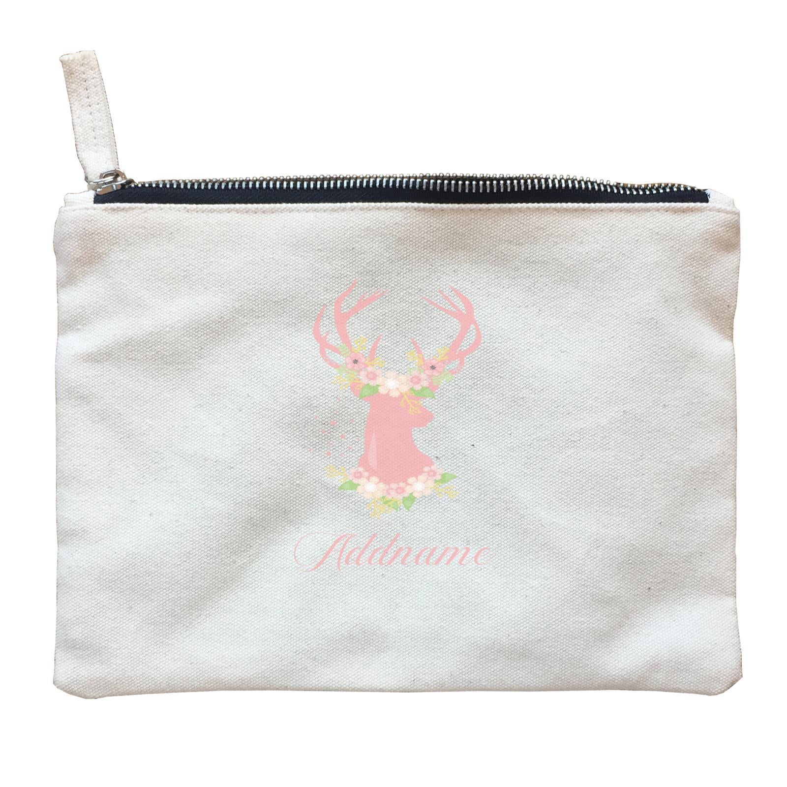 Basic Family Series Pastel Deer Pink Deer With Flower Addname Zipper Pouch