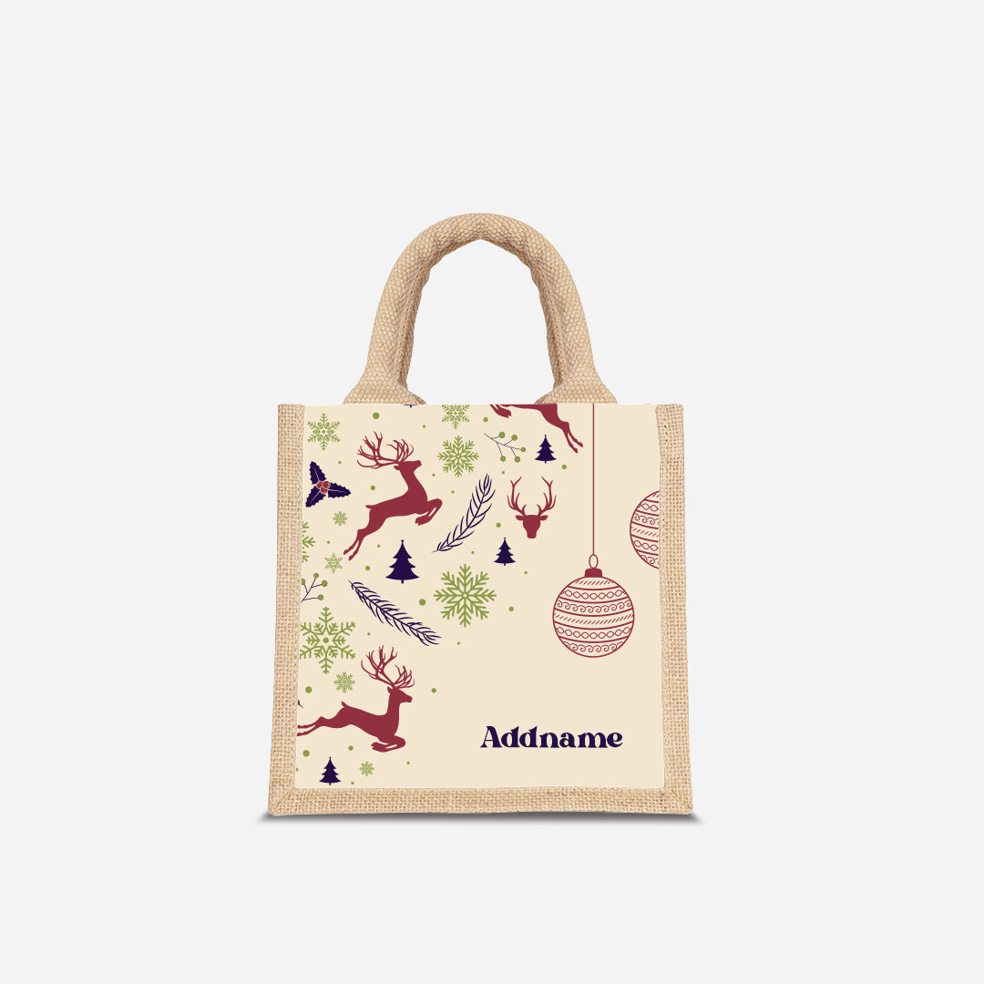 Christmas Series Half Lining Lunch Bag - Jubilant Reindeers Natural