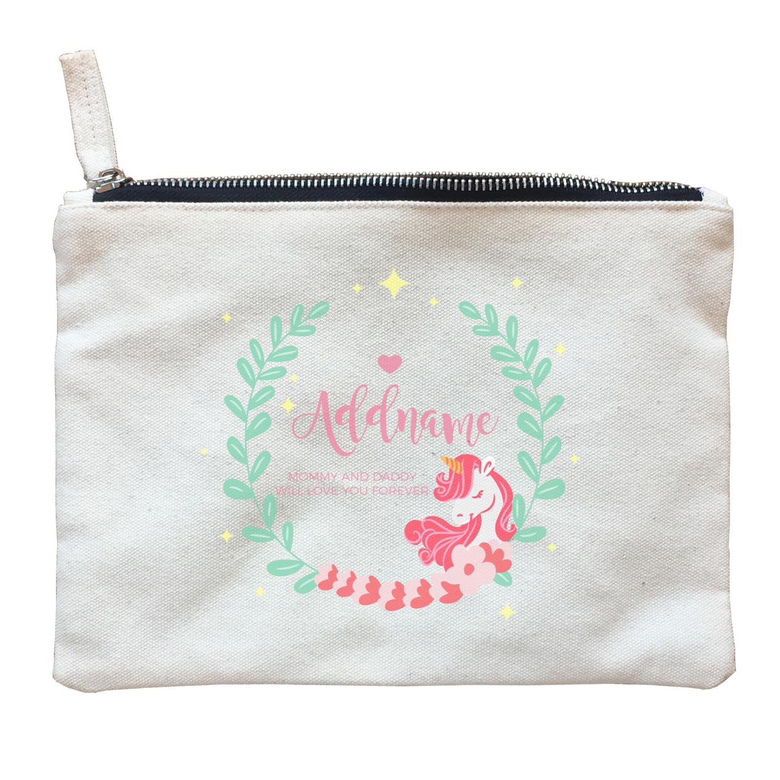 Cute Pink Unicorn with Pastel Green Leaves Wreath Personalizable with Name and Text Zipper Pouch