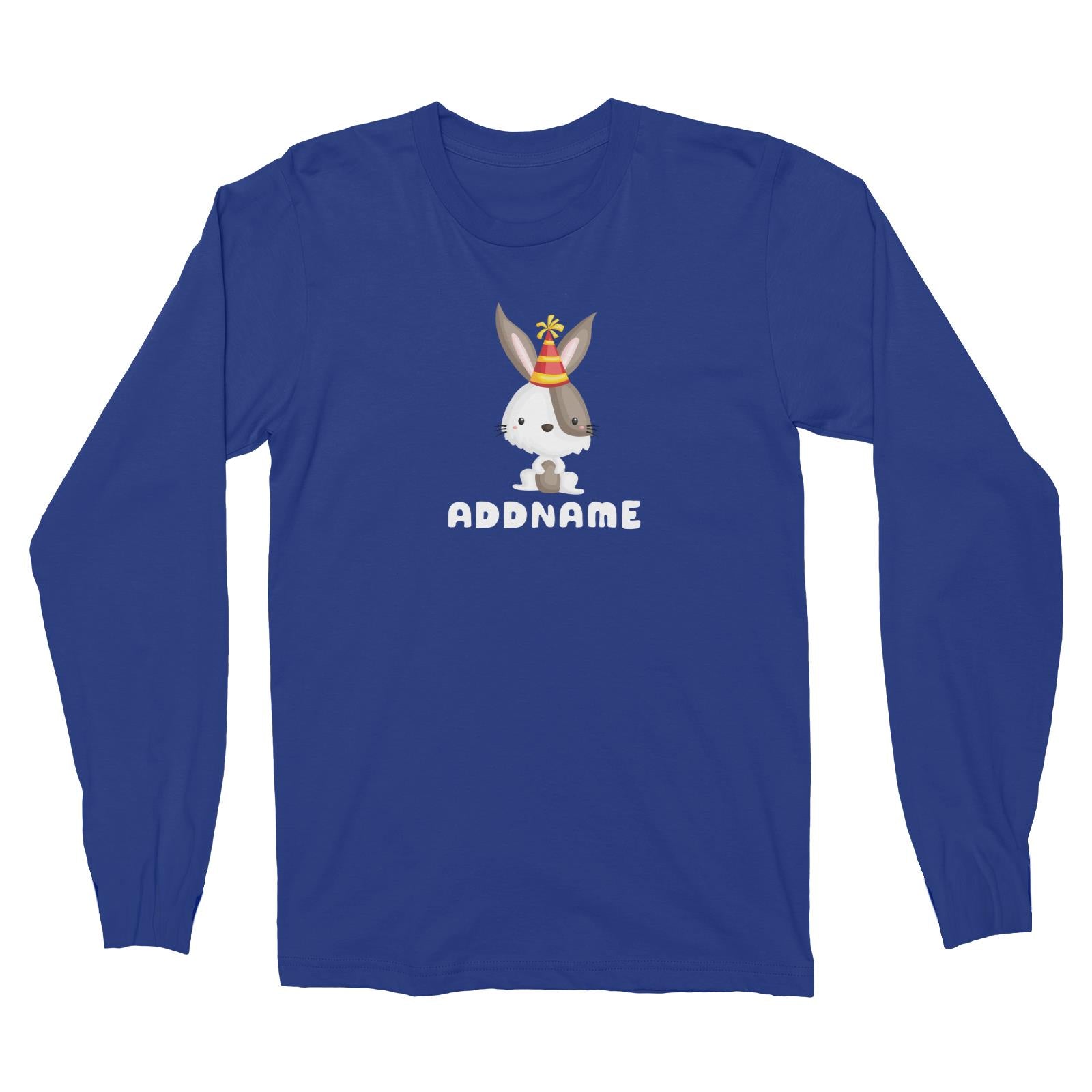 Birthday Friendly Animals Happy Rabbit Wearing Party Hat Addname Long Sleeve Unisex T-Shirt