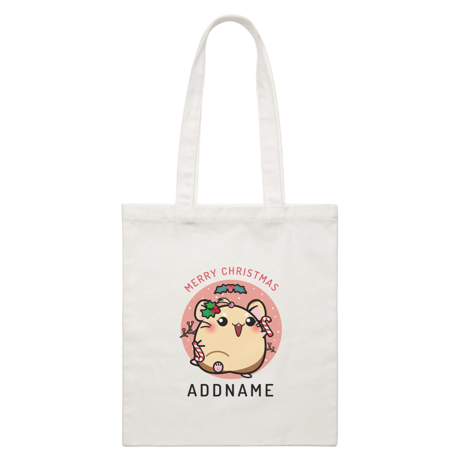 Merry Christmas Cute Santa Mistletoe Girl Hamster with Candy Cane White Canvas Bag
