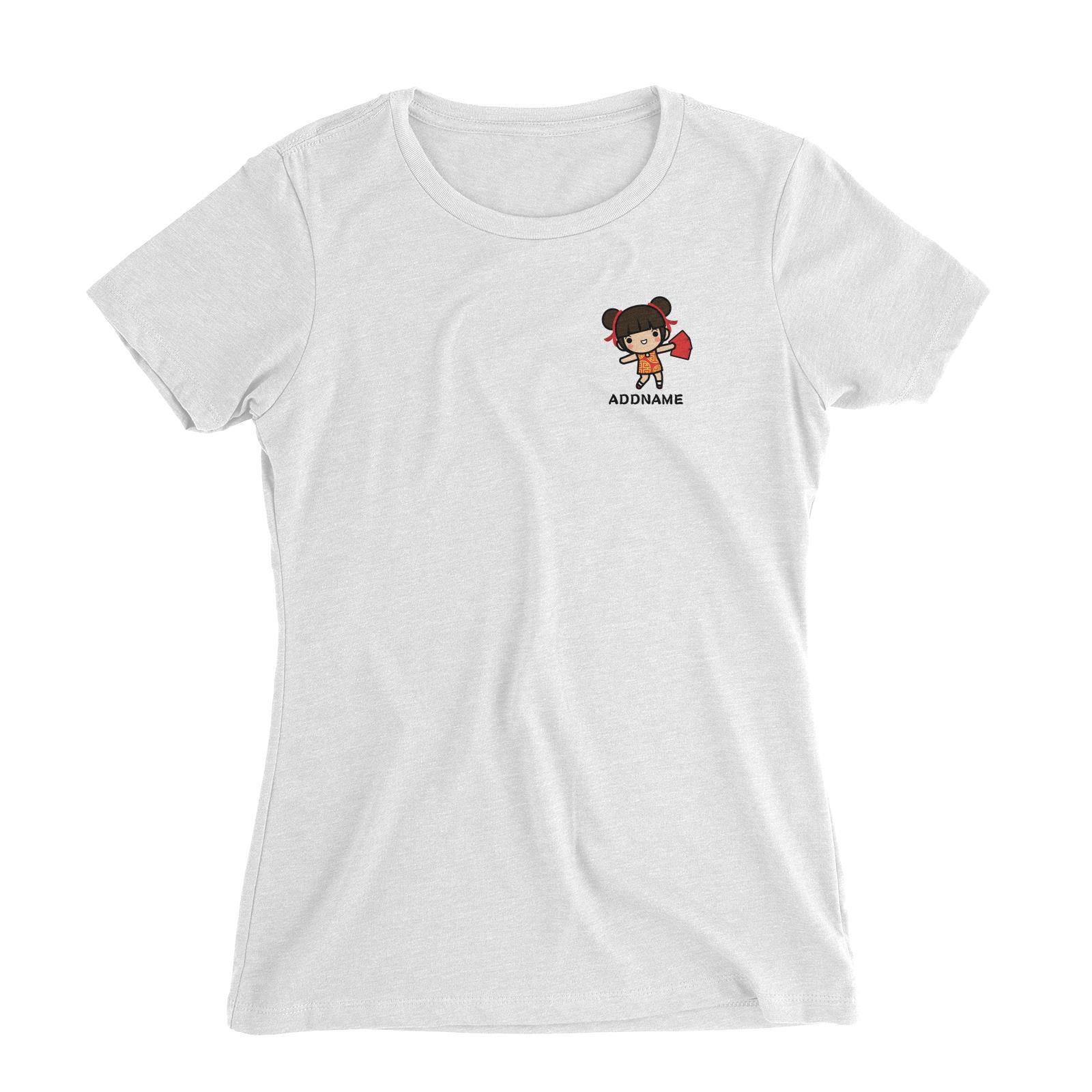 Prosperity CNY Girl with Red Packets Pocket Design Women Slim Fit T-Shirt