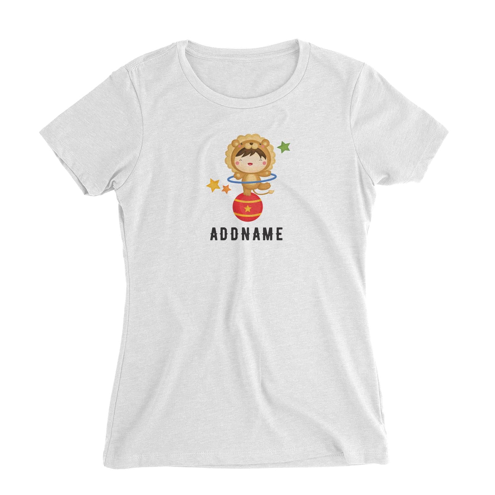 Birthday Circus Happy Boy Wearing Lion Suit Playing Hula Hoop Addname Women's Slim Fit T-Shirt
