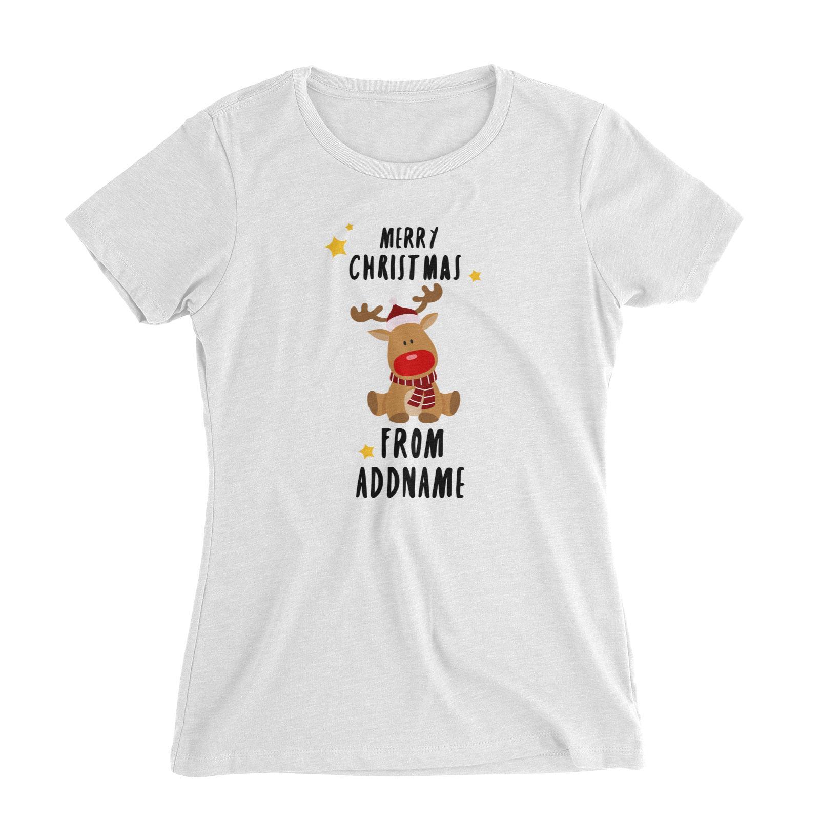 Cute Rudolph Merry Christmas Greeting Addname Women's Slim Fit T-Shirt  Animal Personalizable Designs Matching Family