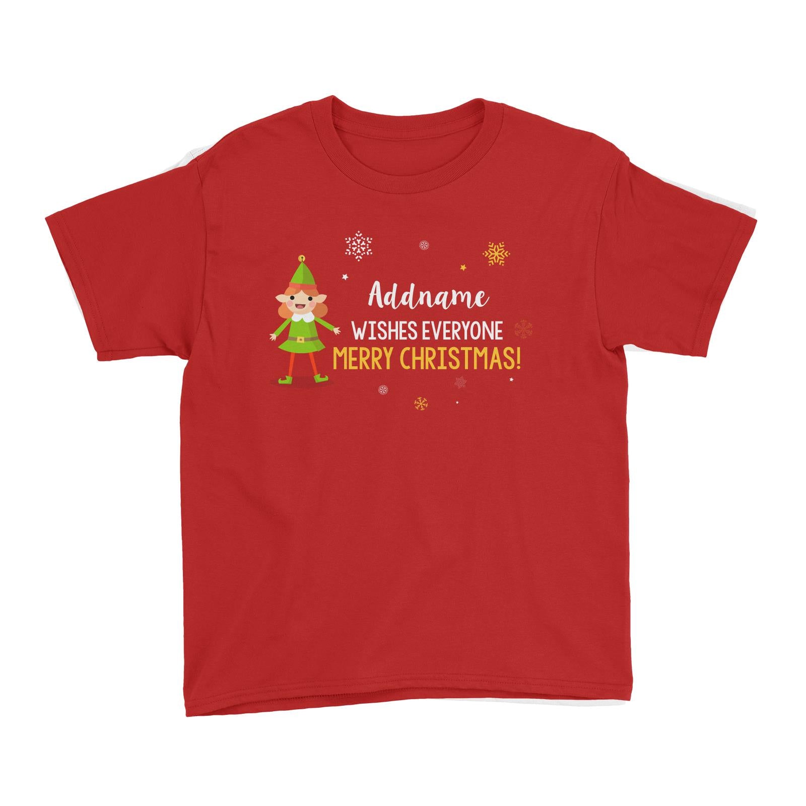 Cute Elf Girl Wishes Evryone Merry Christmas Addname Kid's T-Shirt  Matching Family Personalizable Designs