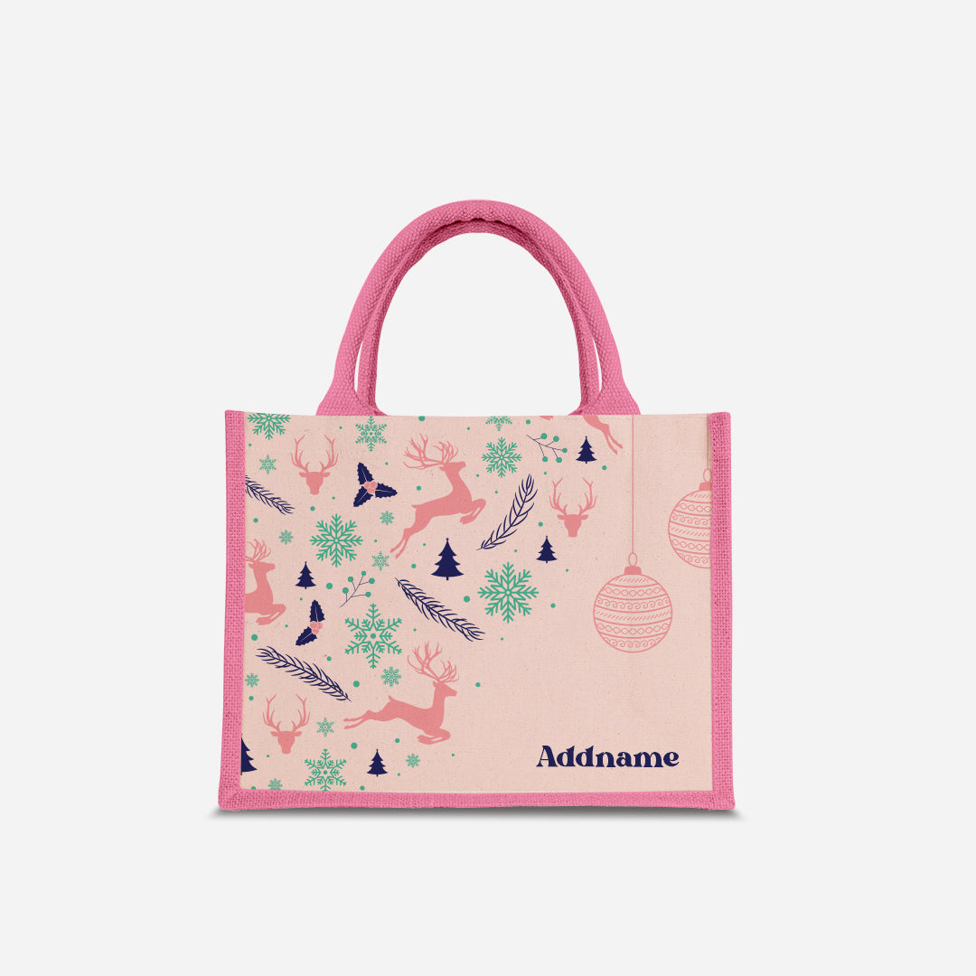 Christmas Series Half Lining Small Jute Bag - Jubilant Reindeers Light Pink