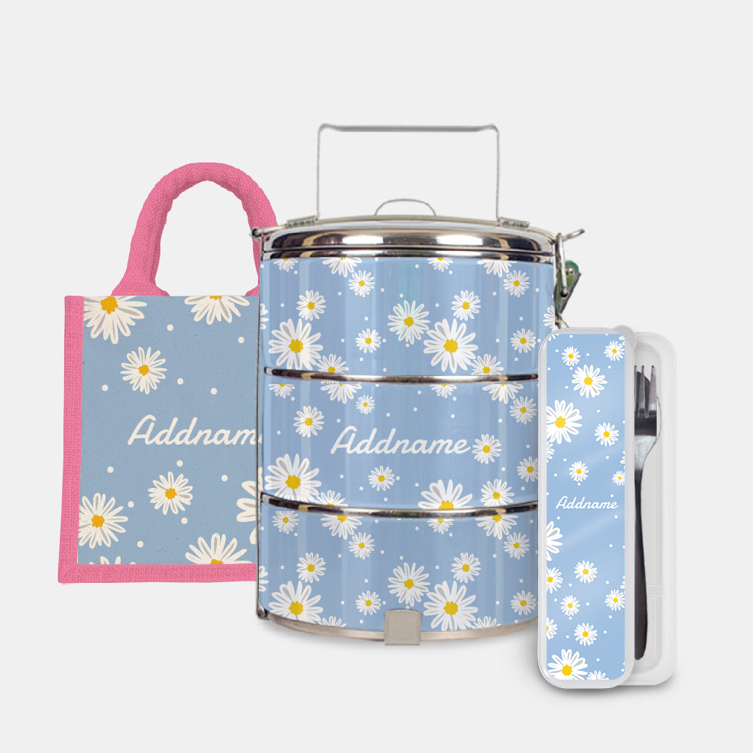 Daisy Series Half Lining Lunch Bag, Standard Tiffin Carrier And Cutlery Set - Frost Light Pink
