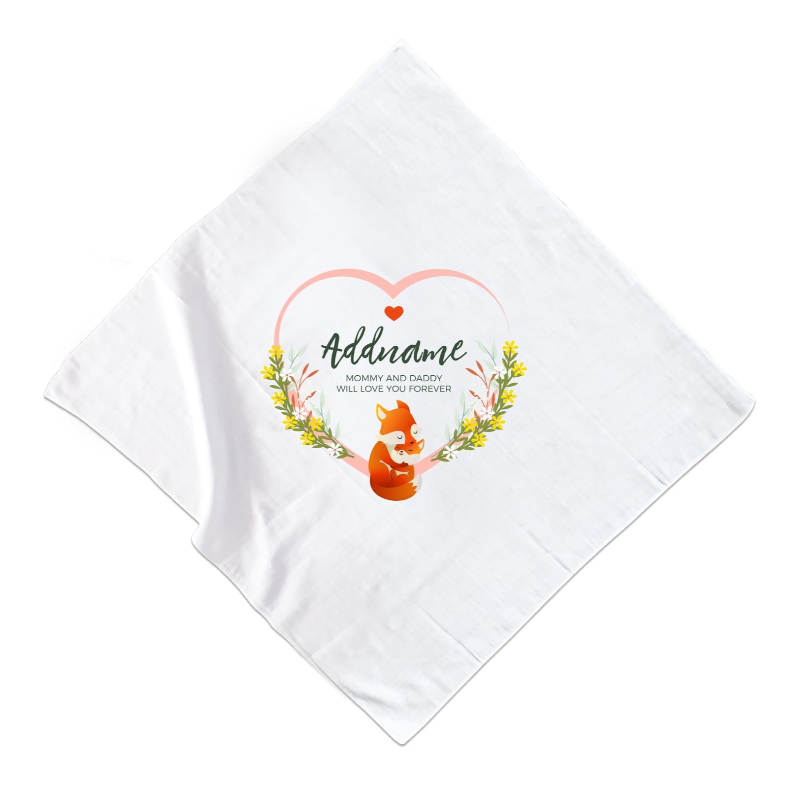 Loving Mother and Baby Fox in Heart Personalizable with Name and Text Muslin Square