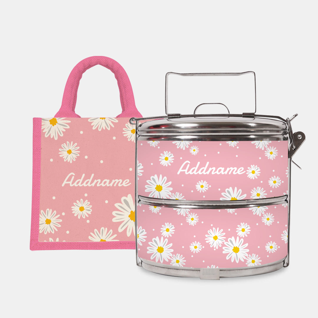Daisy Series Half Lining Lunch Bag Wtih Standard Two Tier Tiffin Carrier - Blush Light Pink