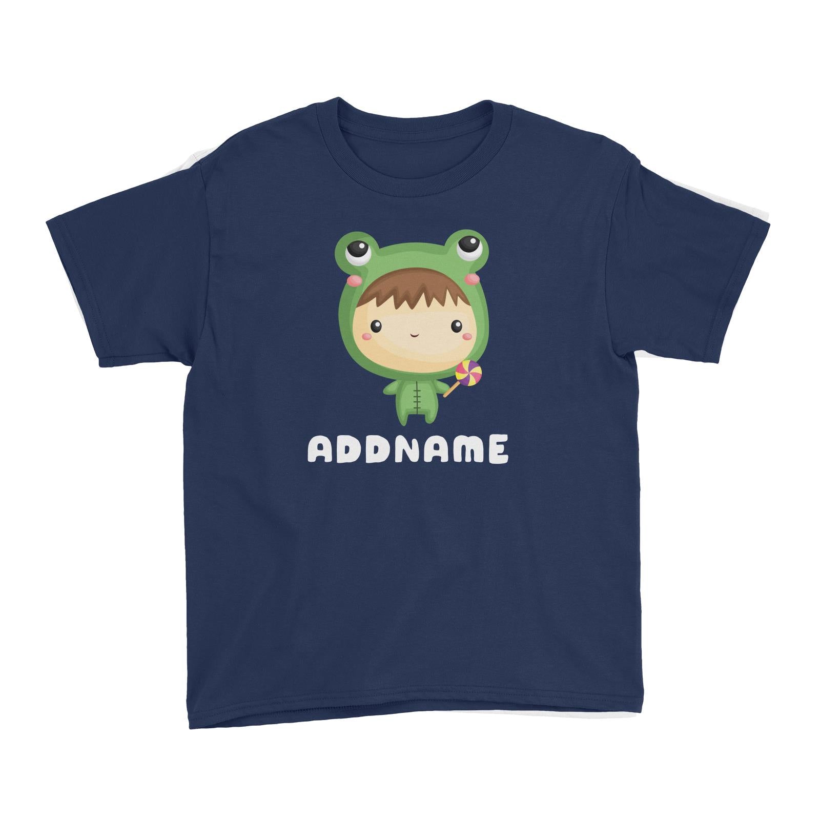 Birthday Frog Baby Boy Wearing Frog Suit Holding Lolipop Addname Kid's T-Shirt