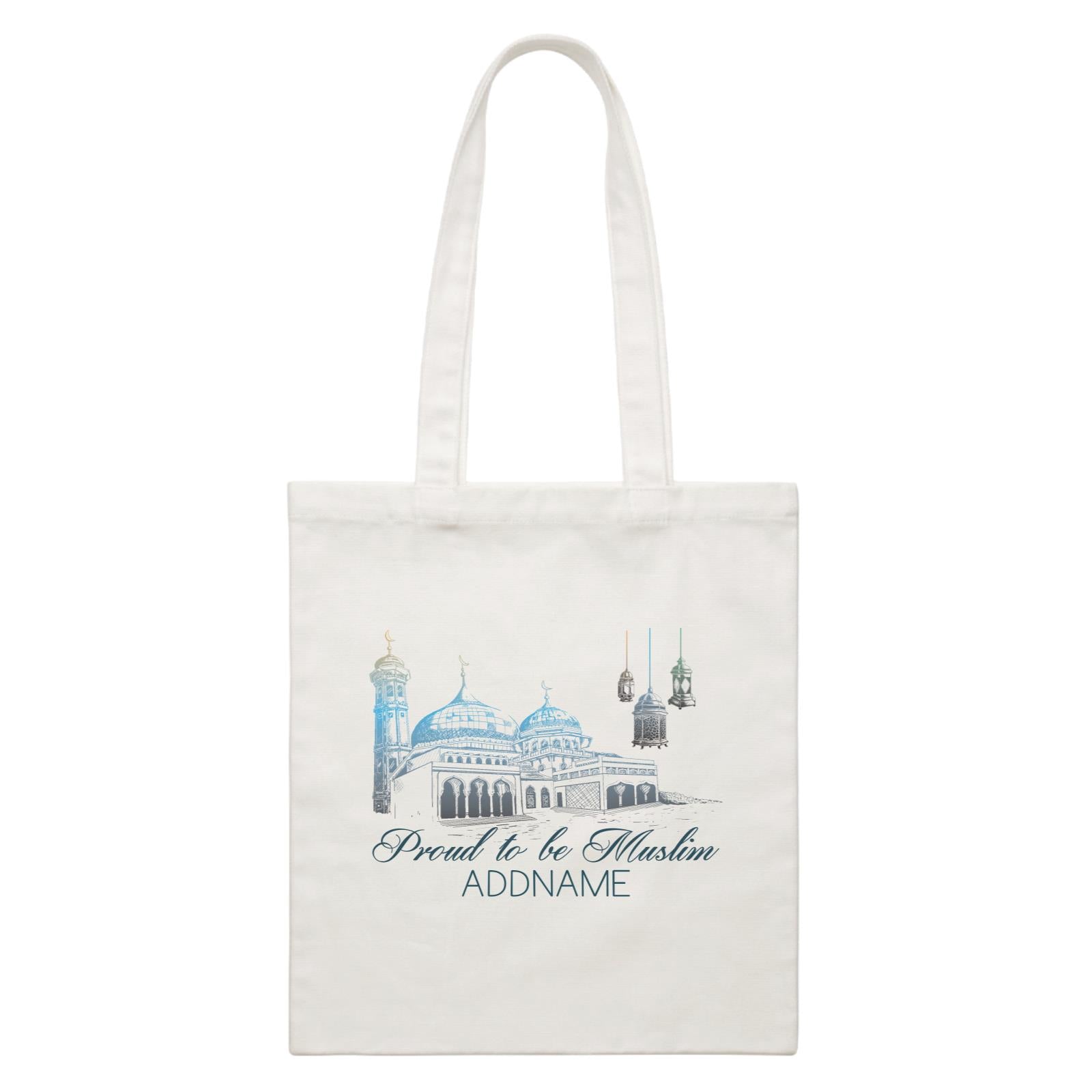 Proud To Be Muslim Dark Blue Mosque Addname White White Canvas Bag