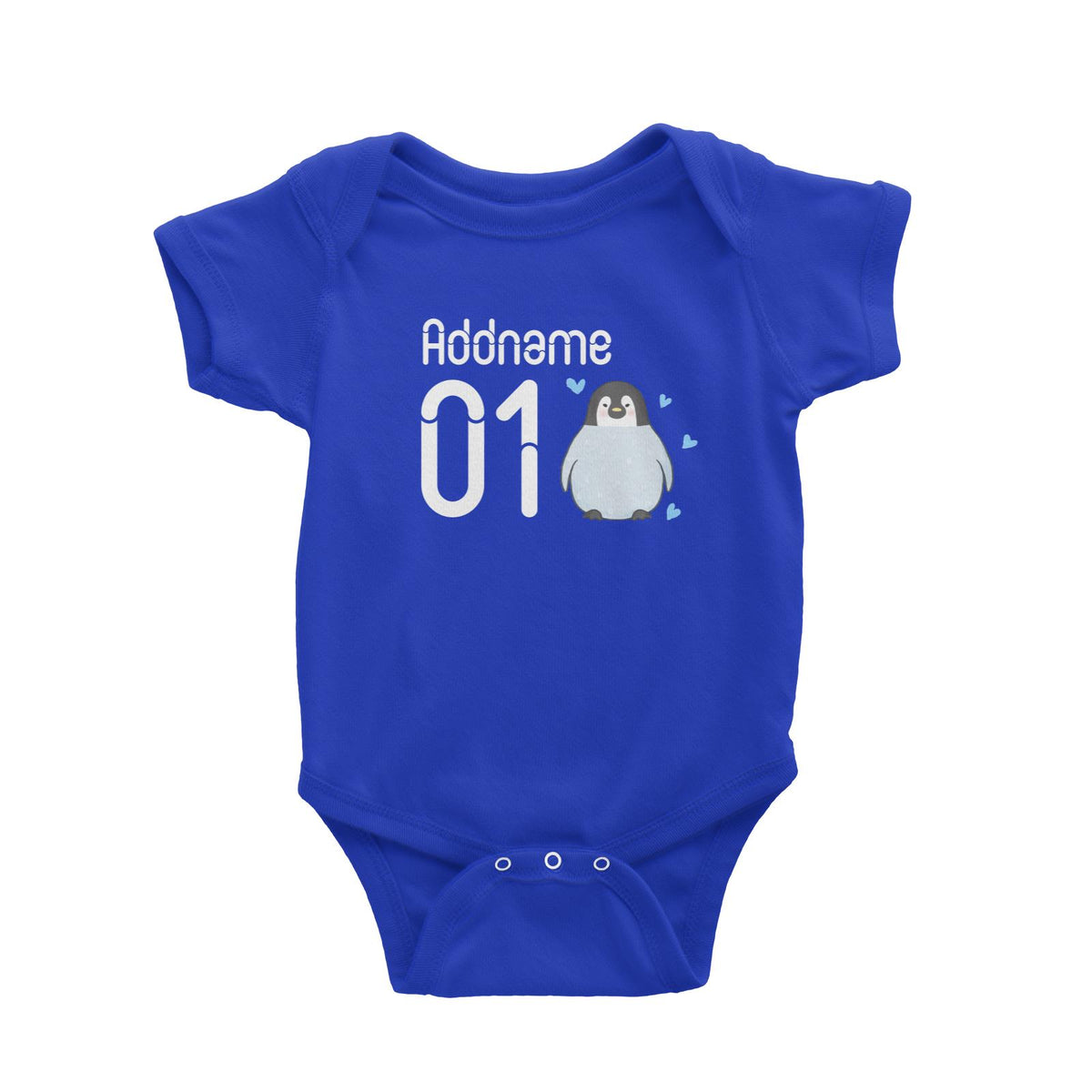 Name and Number Cute Hand Drawn Style Penguin Baby Romper