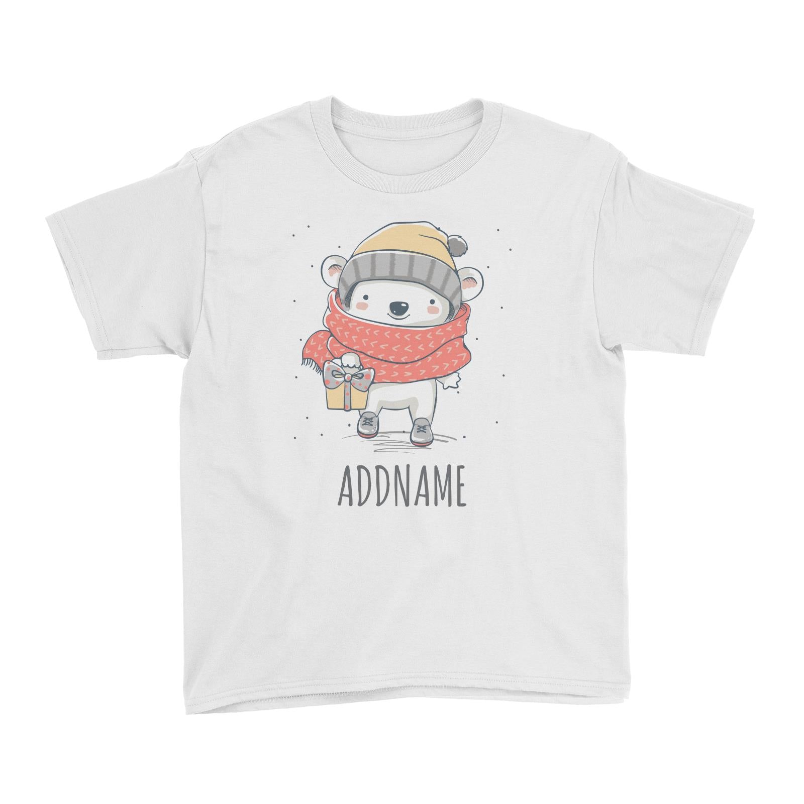 Snow Bear with Present White Kid's T-Shirt Personalizable Designs Cute Sweet Animal HG