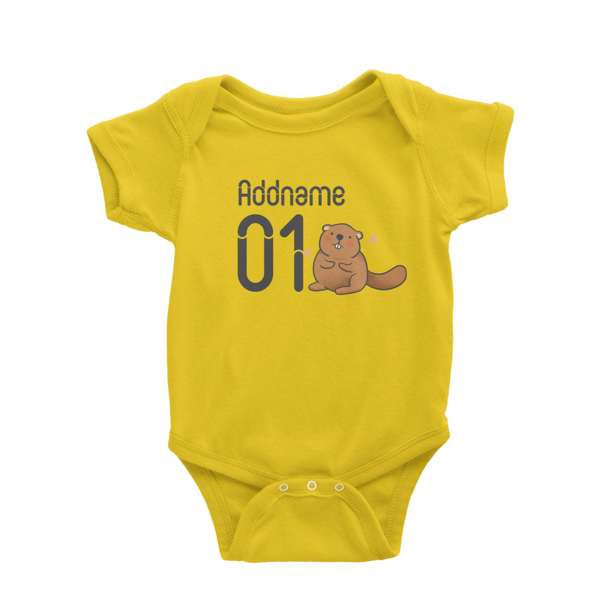 Name and Number Cute Hand Drawn Style Beaver Baby Romper