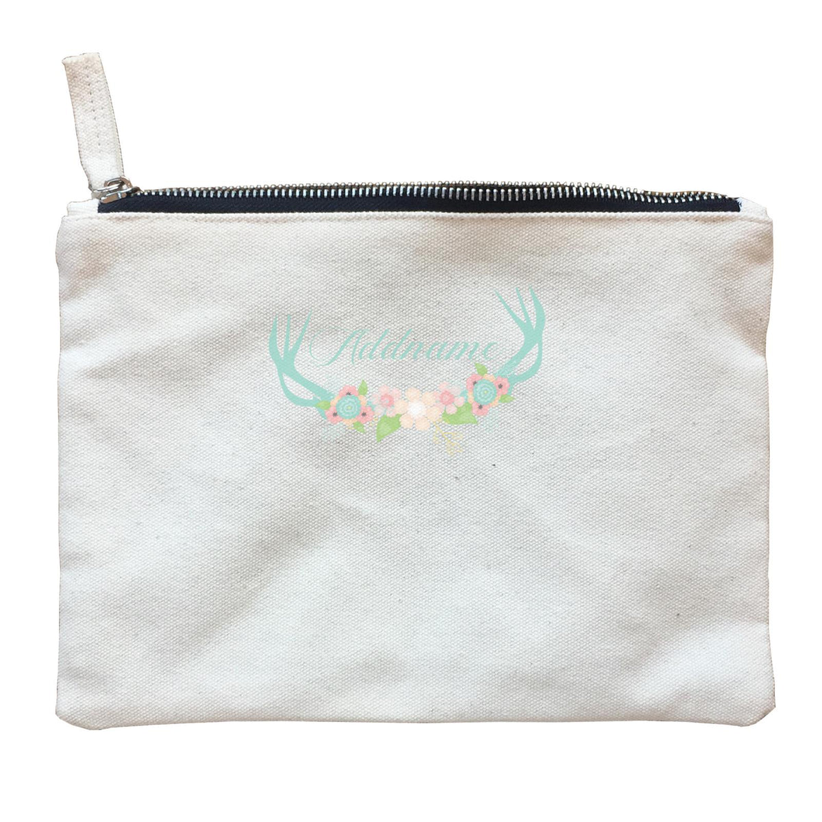 Basic Family Series Pastel Deer Green Deer Antlers With Flower Addname Zipper Pouch