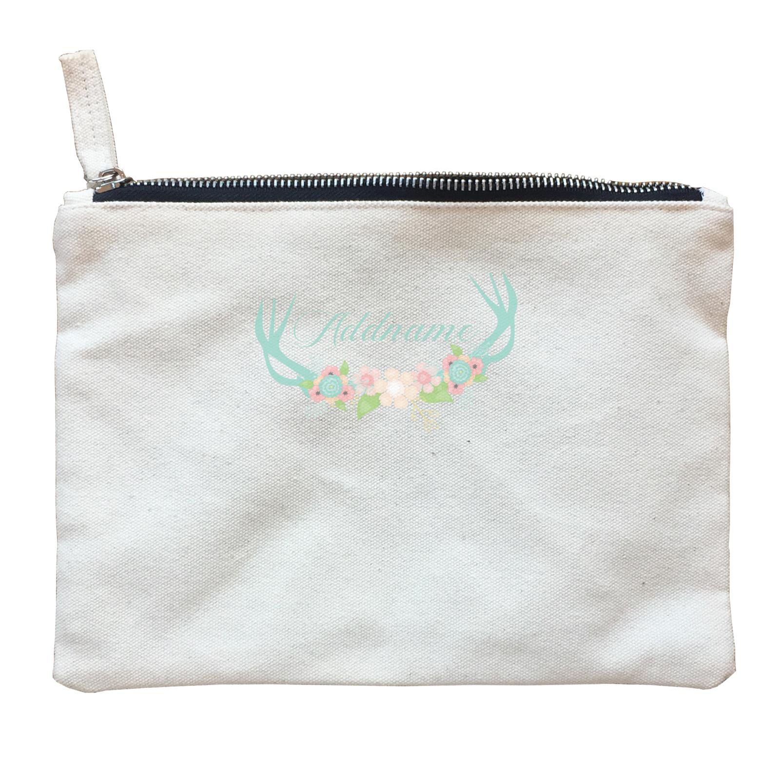 Basic Family Series Pastel Deer Green Deer Antlers With Flower Addname Zipper Pouch