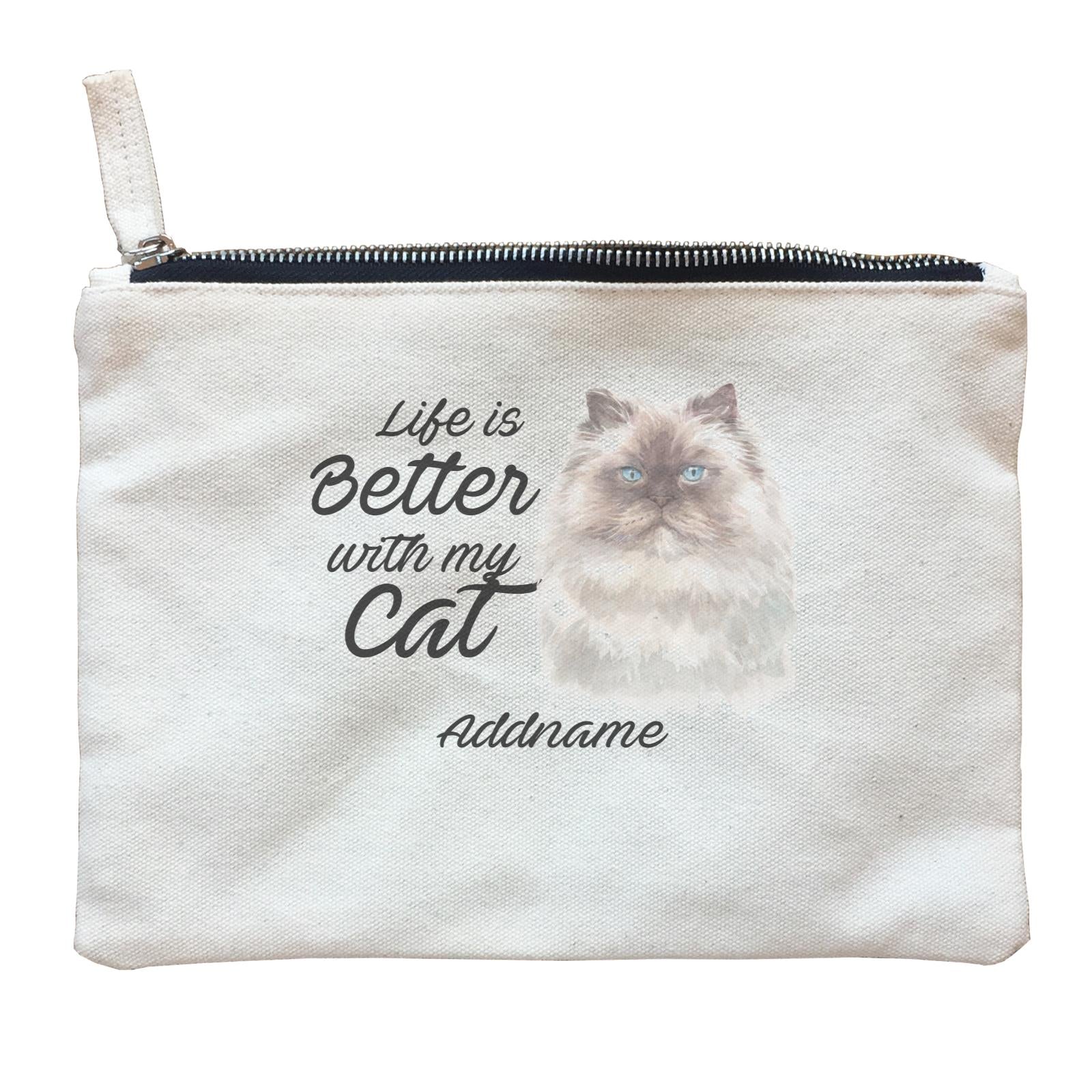 Watercolor Life is Better With My Cat Himalayan White Addname Zipper Pouch