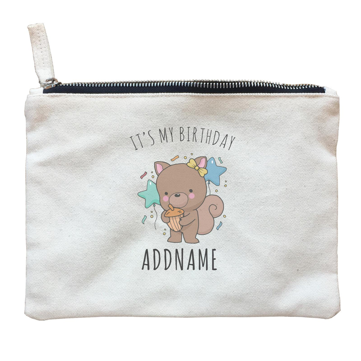 Birthday Sketch Animals Squirrel with Acorn It's My Birthday Addname Zipper Pouch