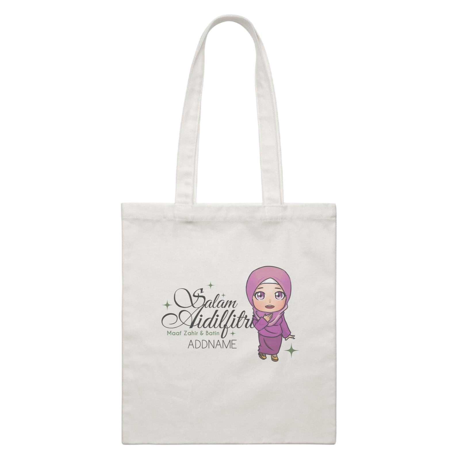 Raya Chibi Wishes Woman Addname Wishes Everyone Salam Aidilfitri Maaf Zahir & Batin White Canvas Bag