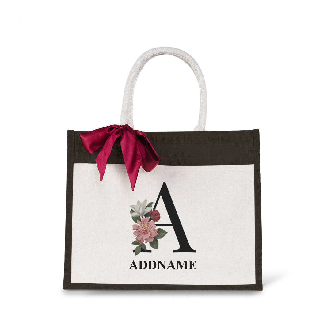 Myra Floral Series Black Jute Bag with Front Pocket