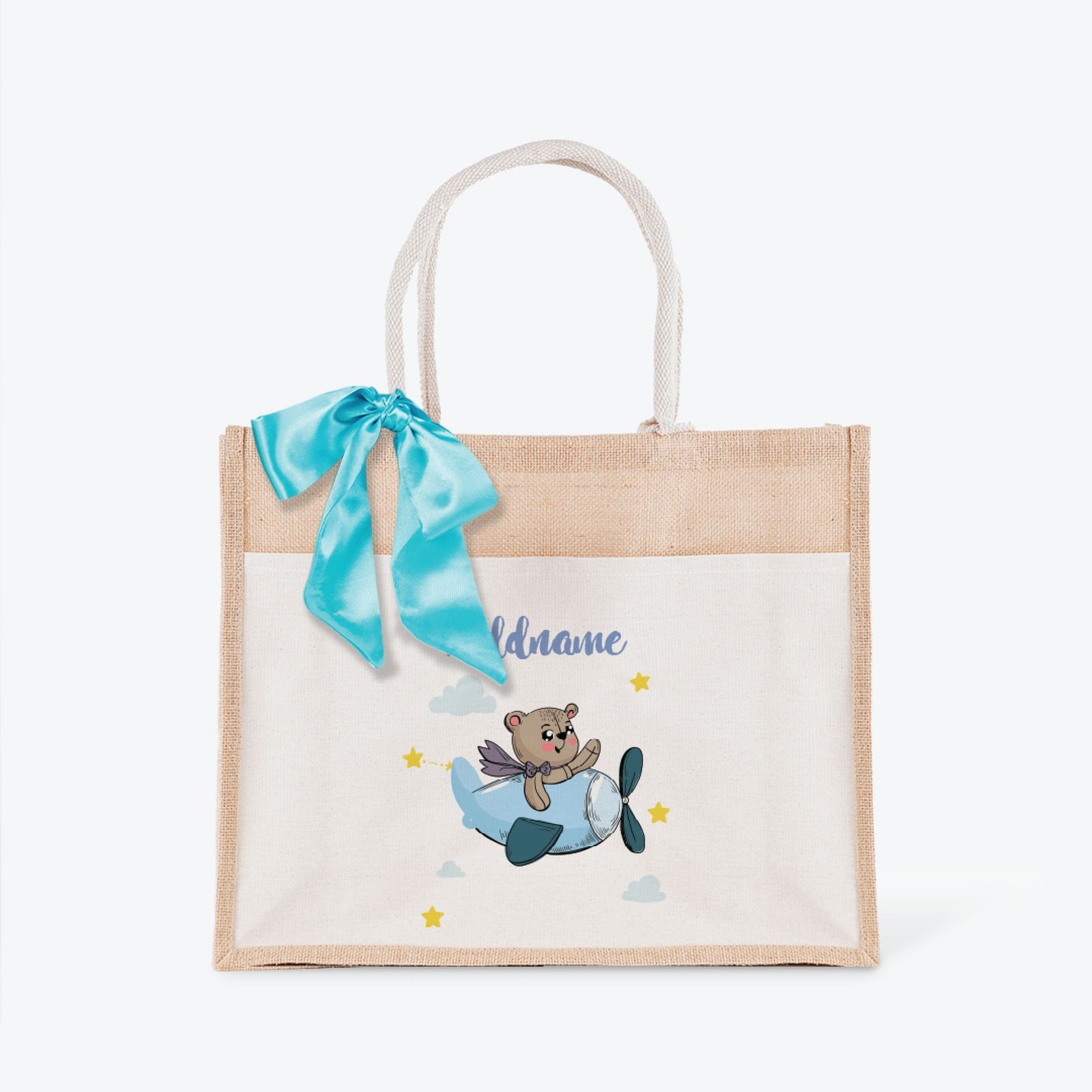 Cute Bear Pilot Boy Jute Bag with Front Pocket