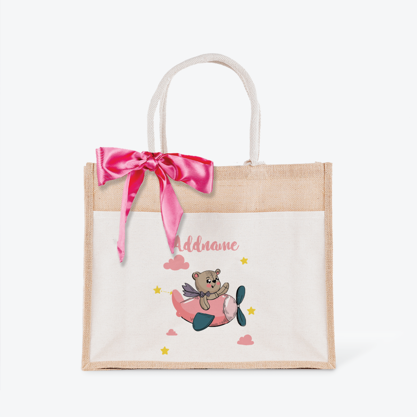 Cute Bear Pilot Girl Jute Bag with Front Pocket