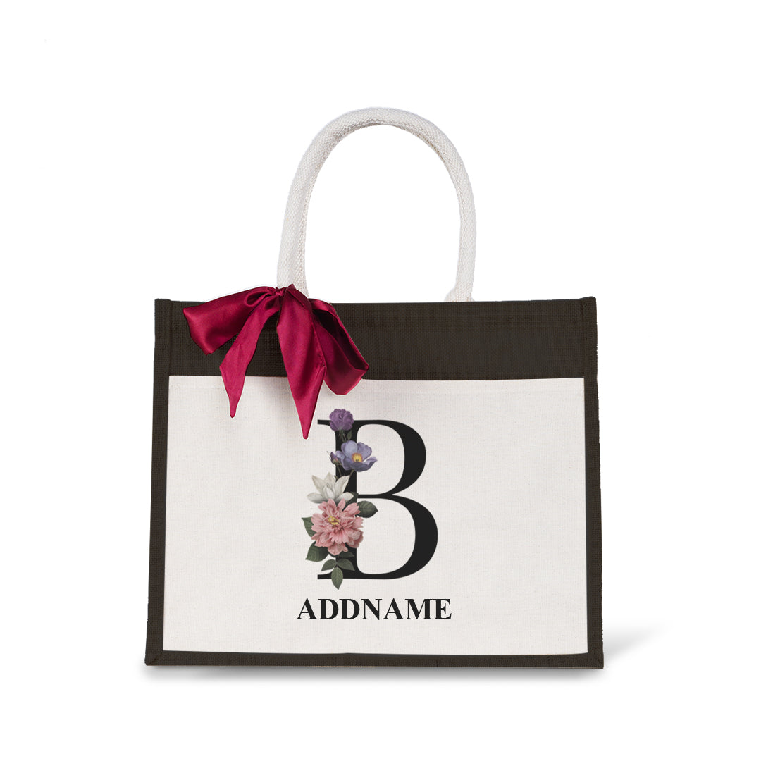 Myra Floral Series Black Jute Bag with Front Pocket