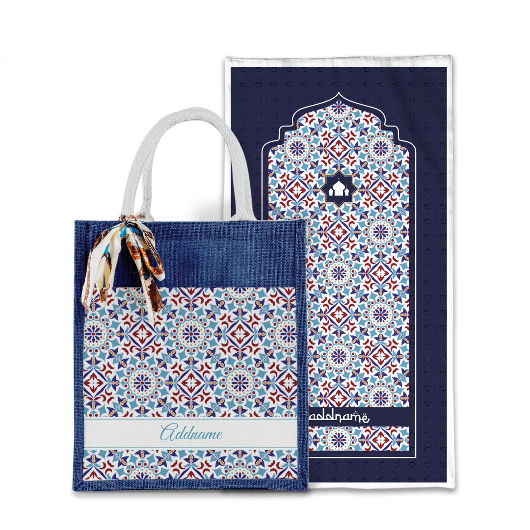 Arabesque Agean Blue Sejadah with Matching Colourful Jute Bag